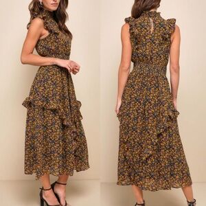 NEW Lulus Evalina Mustard Yellow Floral Print Mock Neck Midi Dress XL